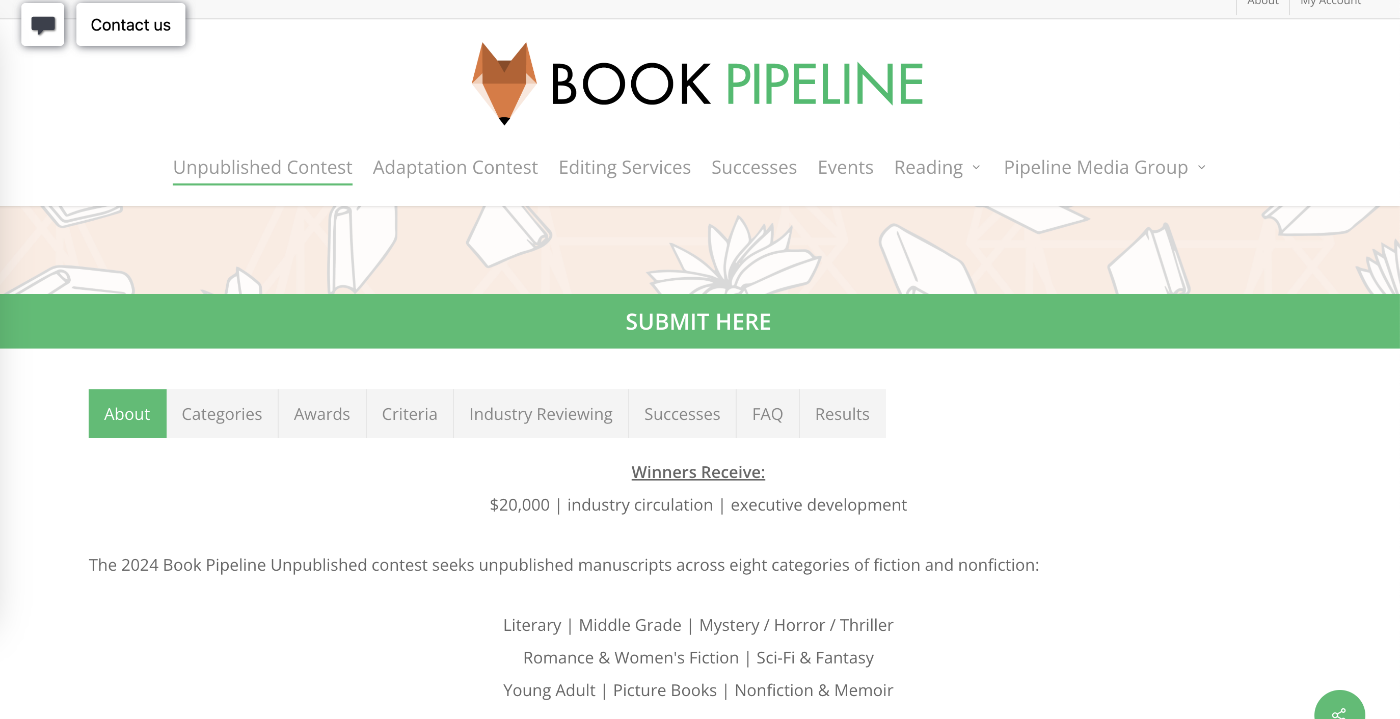 Screenshot of the Book Pipeline Unpublished Contest page, displaying the Book Pipeline logo, an orange fox next to the worlds Book Pipeline in black and green.