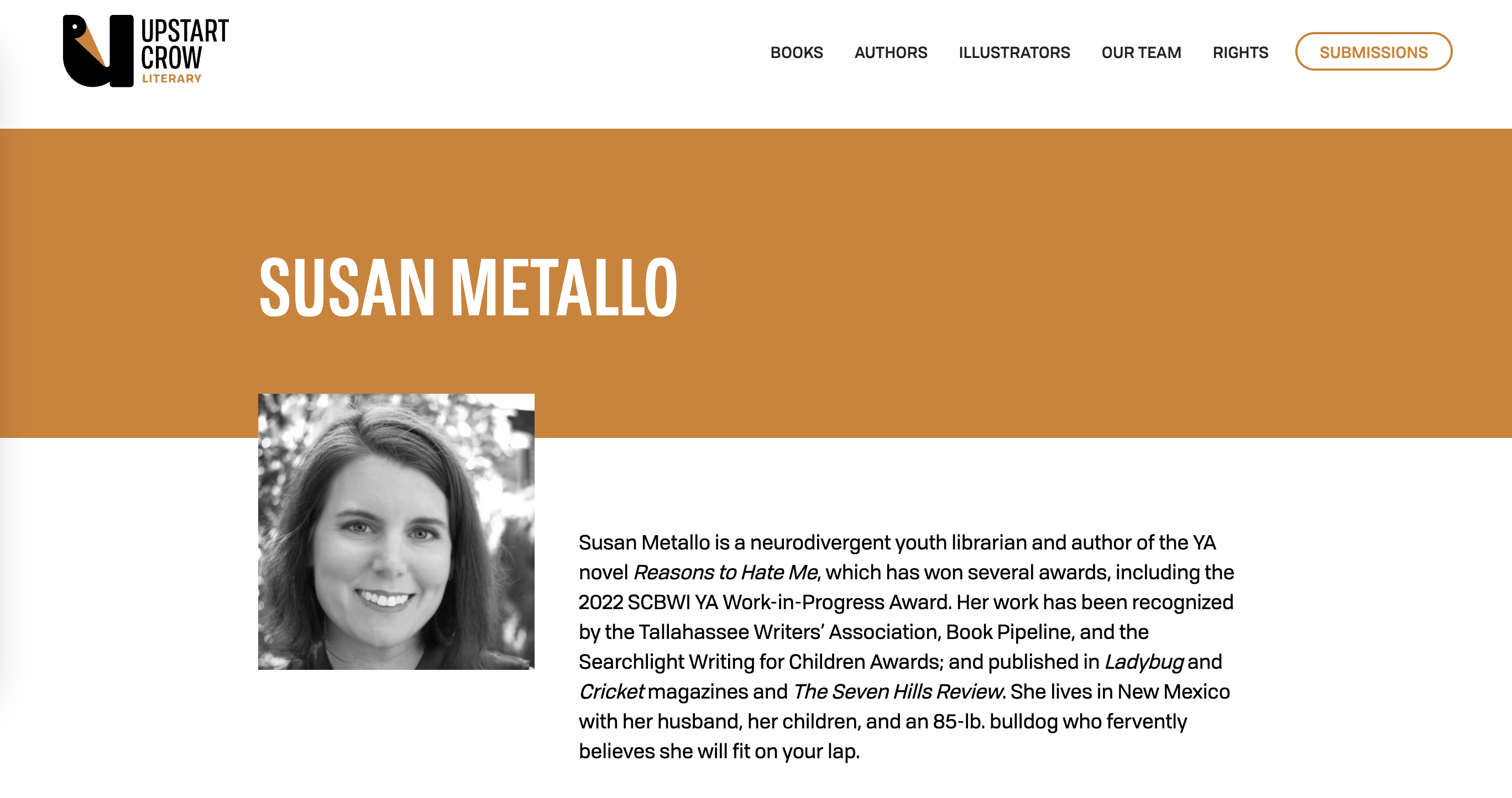 A screenshot shows the Upstart Crow Literary logo with a listing for Susan Metallo and her author photo and bio.