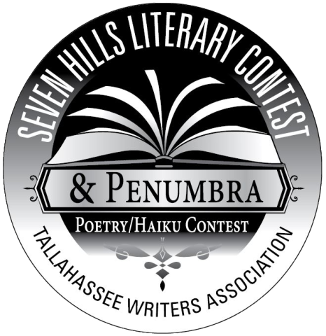 Circular Logo says Seven Hills Literary Contest with a black and white image of a book and the label Tallahassee Writers Association