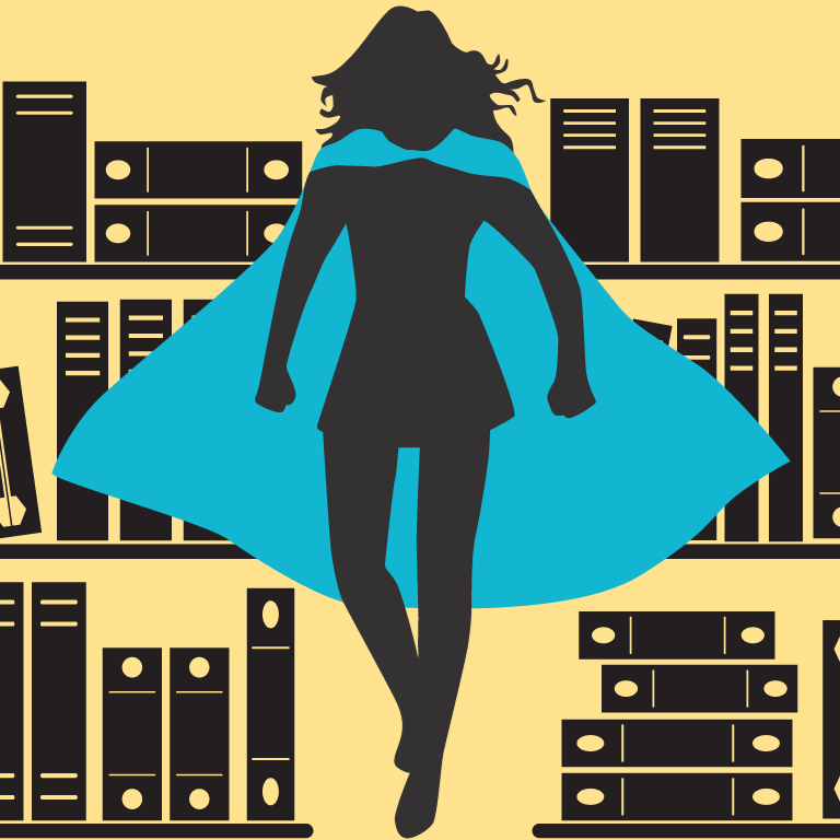 A black silhouette of a person in a skirt with long hair and a teal cape hovers in front of a black silhouette of library bookshelves against a yellow background