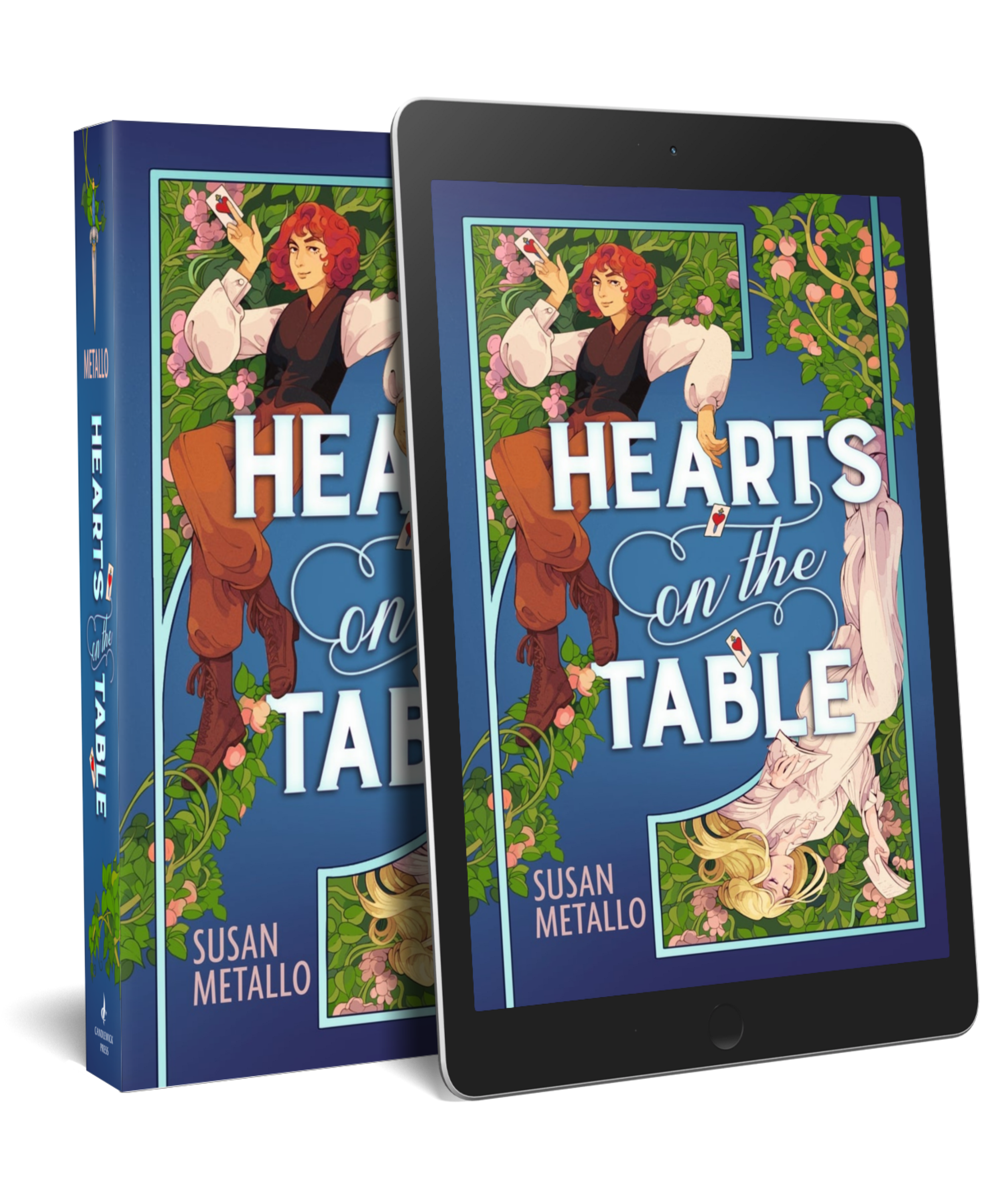 The cover of Hearts on the Table features a girl in masculine attire with short chestnut colored hair lounging in the top left corner, and an upside down girl with feminine attire and long blonde hair in the bottom right corner, suggestive of a playing card. This is against a blue backdrop with green leaves and pink fruit.